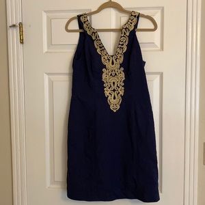 Lilly Pulitzer Navy Cotton Pique Shift Dress with Gold Embroidery Detail.